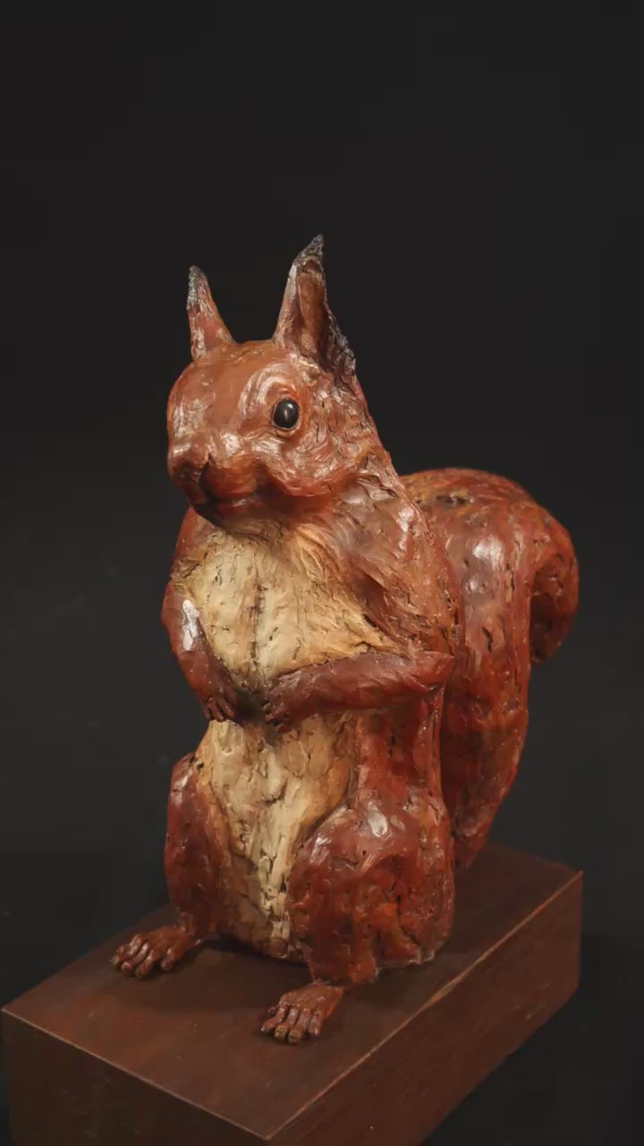 Cold cast iron sculpture of a red squirrel titled Chancekin by Jamie Lord — finely detailed woodland animal with russet red coat, cream chest, bushy tail and bright black eyes, poised in alert curiosity. Limited edition of 24 with signed Certificate of Authenticity.