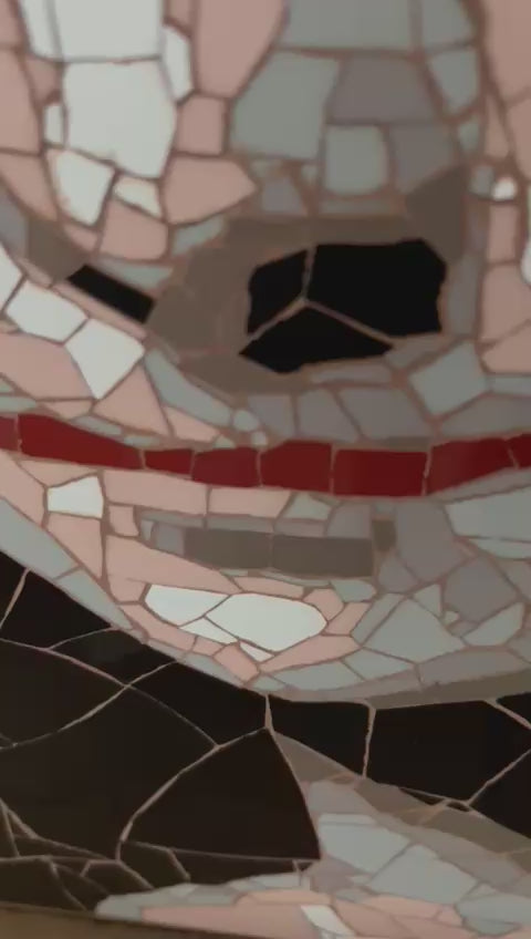 Video of Ed Chapman's Mosaic portrait of the Mona Lisa constructed from precisely cut ceramic tiles, with angular fragments forming the face, hair and clothing through subtle tonal shifts, set against a bold yellow background and creating a structured, tactile surface with visible tile joins and rhythmic patterning.