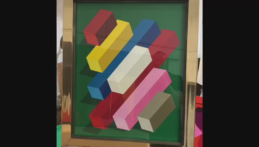 Framed abstract painting featuring colourful 3D rectangular blocks on a green background in a geometric composition.