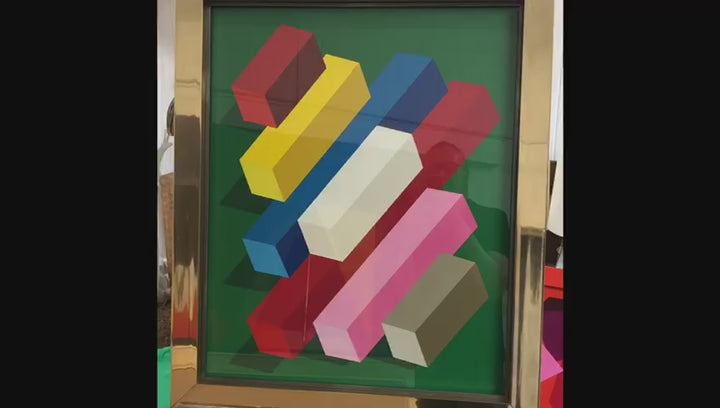 Framed abstract painting featuring colourful 3D rectangular blocks on a green background in a geometric composition.