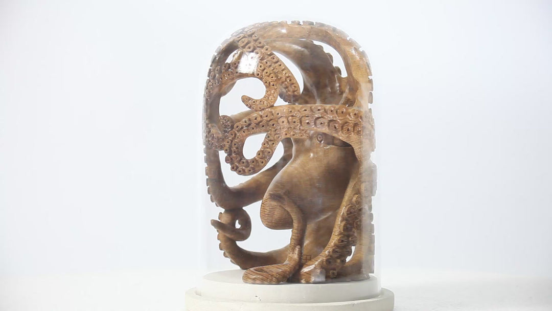 Hand-carved wooden octopus sculpture by Bill Prickett, carved from English oak burr and enclosed within a clear glass dome, its detailed tentacles pressed against the curved surface and mounted on a Portland stone base.