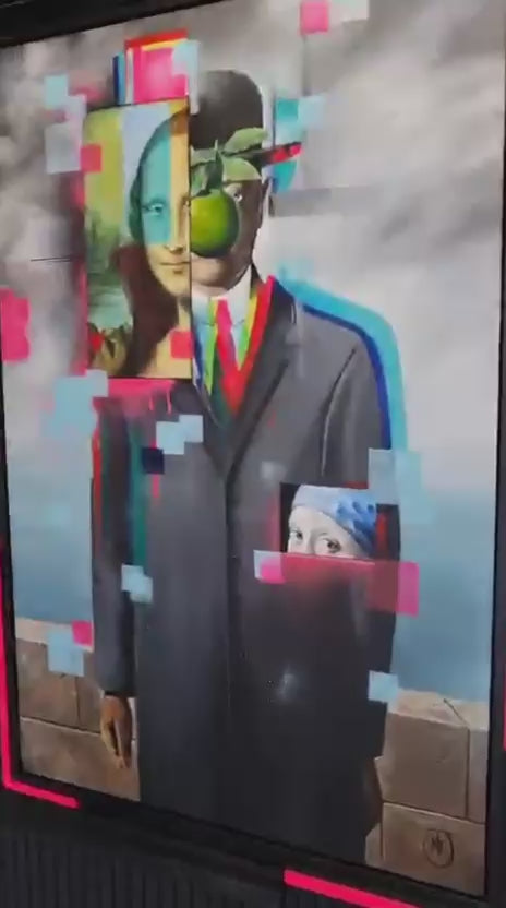 VIDEO - Mixed media portrait composition depicting a suited male figure with a bowler hat and green apple motif, fragmented and overlaid with classical portrait references, pixelated colour blocks and layered visual interruptions, rendered in acrylic paint with UV-reactive elements on a rectangular surface and presented within a bespoke multi-layer frame.