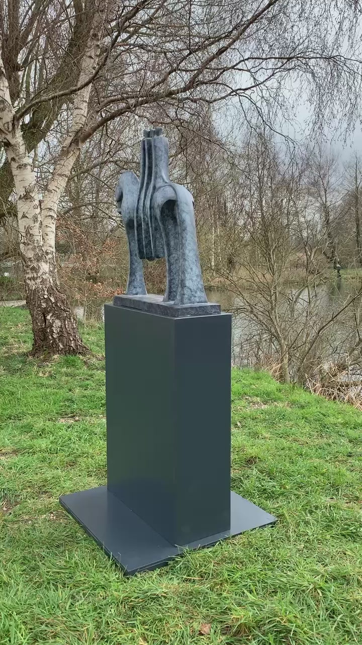 VIDEO - Marie Ackers The Three Riders bronze horse sculpture with abstracted equestrian forms and three stylised riders. Available in grey or verdigris patina, limited edition, suitable for indoor or outdoor display, signed and foundry stamped.