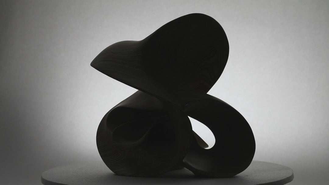 Hand-carved birch plywood abstract sculpture with flowing, mathematical forms inspired by chaotic systems and the Halvorsen Attractor.