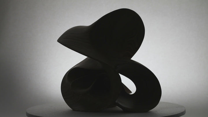 Hand-carved birch plywood abstract sculpture with flowing, mathematical forms inspired by chaotic systems and the Halvorsen Attractor.