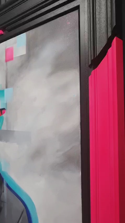 VIDEO - Mixed media portrait composition depicting a suited male figure with a bowler hat and green apple motif, fragmented and overlaid with classical portrait references, pixelated colour blocks and layered visual interruptions, rendered in acrylic paint with UV-reactive elements on a rectangular surface and presented within a bespoke multi-layer frame.