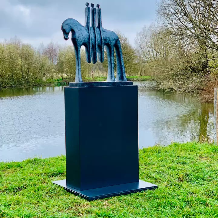 VIDEO - Marie Ackers The Three Riders bronze horse sculpture with abstracted equestrian forms and three stylised riders. Available in grey or verdigris patina, limited edition, suitable for indoor or outdoor display, signed and foundry stamped.