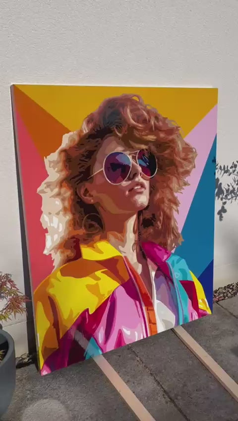Video of bold pop art portrait of a woman in vibrant retro jacket and oversized sunglasses.
