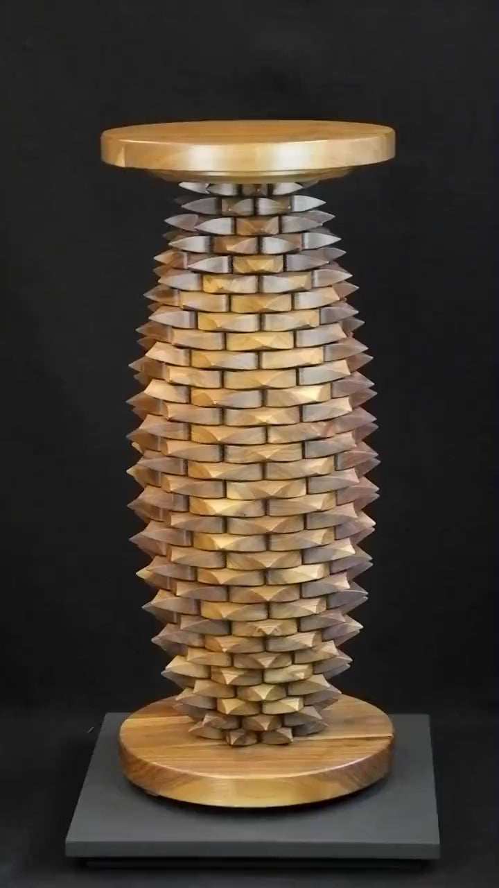 360 Video - Fractal Table in black walnut by Max McCance, a one-off sculptural design with meticulously stacked linear components forming a rhythmic geometric column, blending precision mathematics with organic craftsmanship.