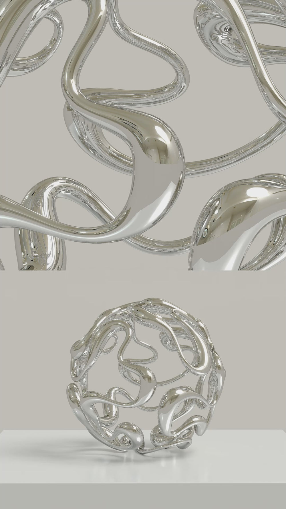 Video -Polished cast stainless steel sculpture by Yoni Alter, formed from a continuous, looping line that weaves organically into a perfect sphere. The reflective surface and open structure create a sense of movement, balance, and fluidity from every angle. Self-standing and orientation-free.