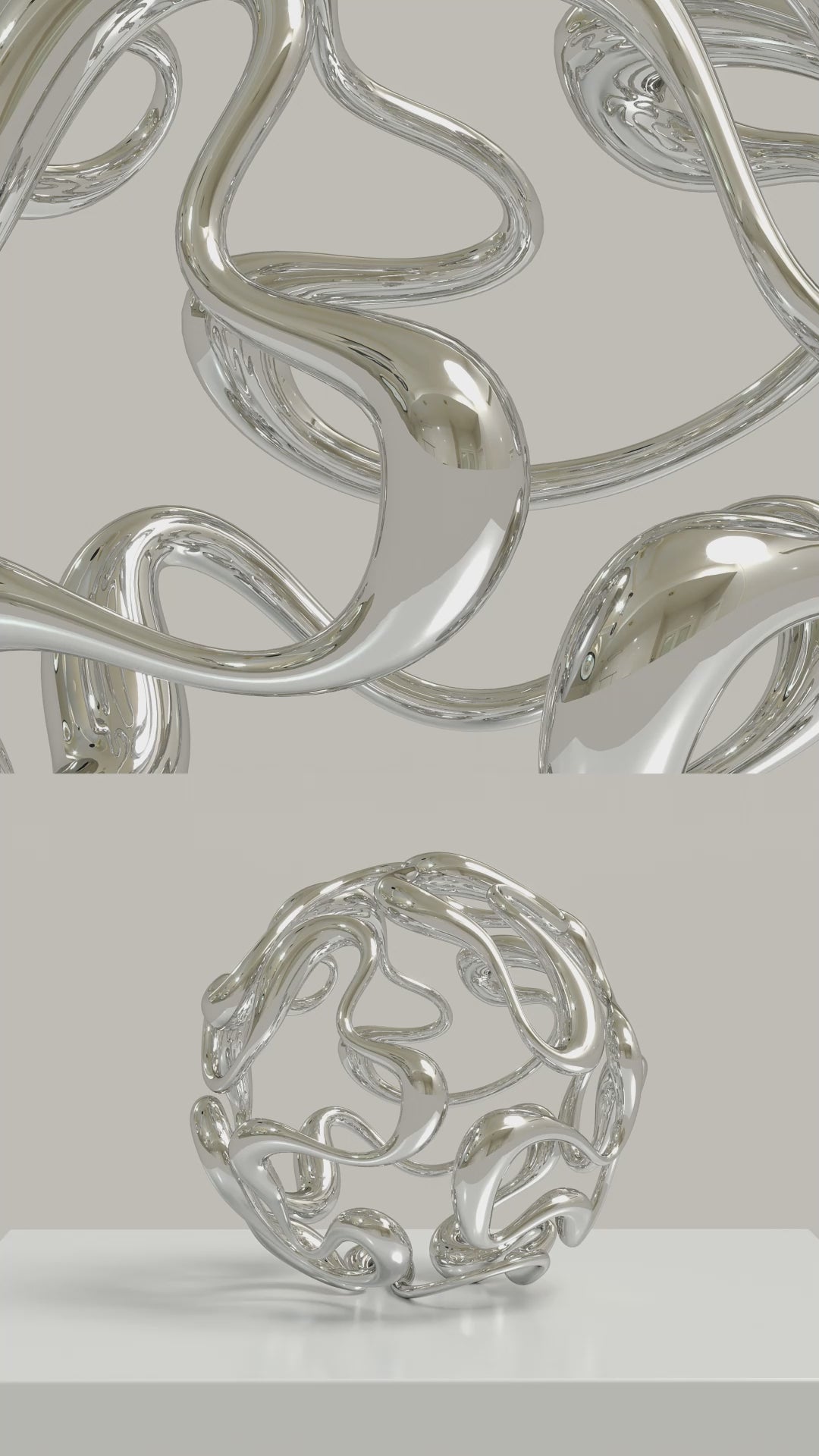 Video -Polished cast stainless steel sculpture by Yoni Alter, formed from a continuous, looping line that weaves organically into a perfect sphere. The reflective surface and open structure create a sense of movement, balance, and fluidity from every angle. Self-standing and orientation-free.