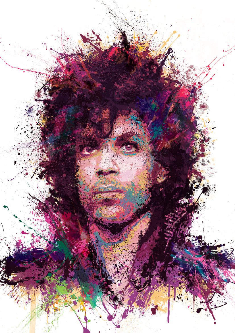 Striking portrait of Prince rendered in a vivid explosion of colour, with intense eyes and expressive brush splatters that radiate outward from his iconic hair and face.