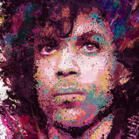 Striking portrait of Prince rendered in a vivid explosion of colour, with intense eyes and expressive brush splatters that radiate outward from his iconic hair and face.