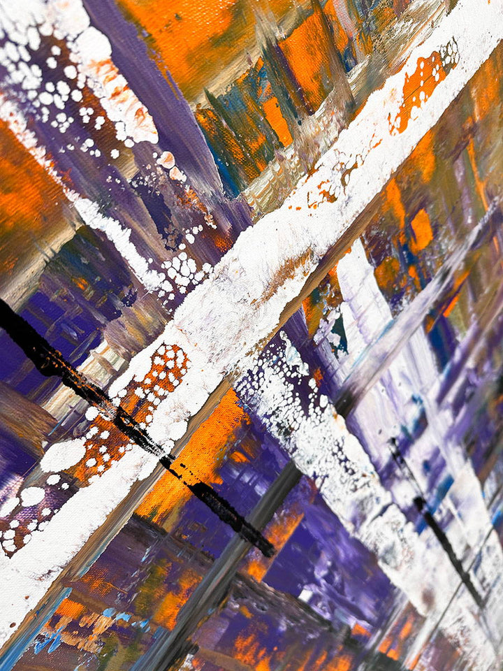 Large abstract painting “Harmonia” by Swarez — layered intersecting lines and blocks in vivid cobalt blue, burnt orange, gold, white and black, with deep royal purple and burgundy undertones. Strong white cross overlay creates depth and structure across a richly textured enamel surface.