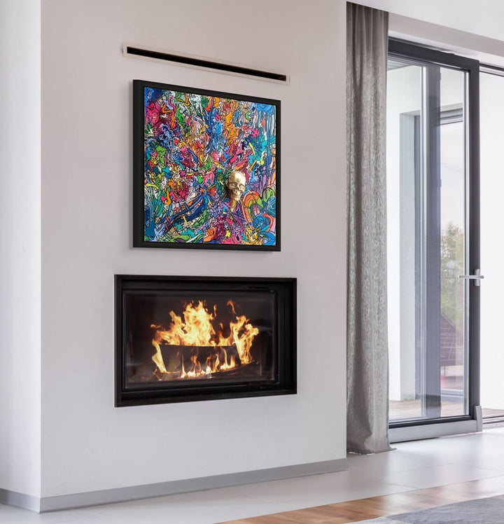 A vibrant abstract artwork filled with layered graffiti-style lines, bold colours and energetic mark-making, centred around a gold 3D skull emerging from the canvas.