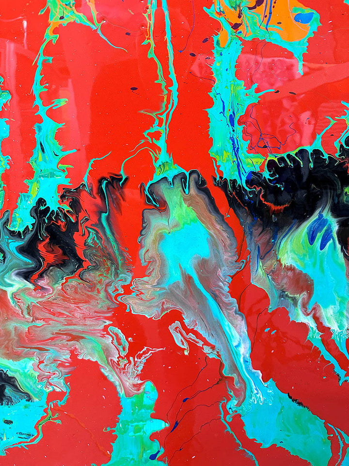 Large abstract painting “Infinite Light” by Swarez — vibrant sweeping strokes of scarlet red, fiery orange and deep burgundy layered over a luminous turquoise and lime green base, with accents of cobalt blue and black. Highly textured enamel surface with bold movement and glossy, light-catching details.