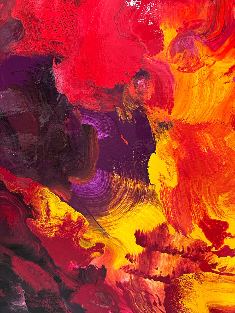 Large abstract painting “Crocosmia” by Swarez — vibrant swirling composition of fiery reds, deep crimson, burnt orange, radiant yellow, and accents of magenta, pink, purple, black, and white. Expressive layered enamel paint with fluid circular motions and botanical-inspired energy.