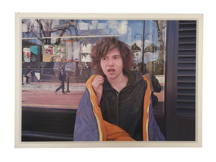 Rory by James Earley — a hyperrealist oil painting portraying a homeless teenage boy seated outside a London storefront, wrapped in a weathered coat with expressive eyes and an uncertain expression, while the window behind him reflects passing pedestrians and commercial branding, symbolising a world moving on without him.