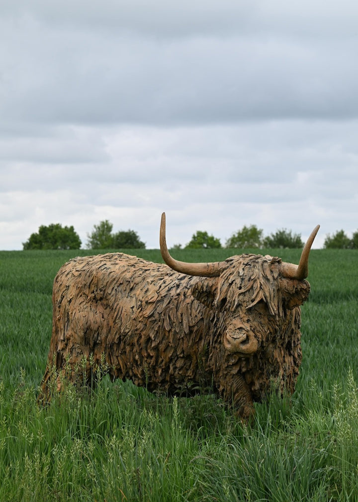 ‘Highland Cow: Life Size’ by Hamish Mackie, a life-size limited-edition bronze sculpture depicting a Scottish Highland cow standing in a grassy field. The sculpture features long, sweeping horns, a broad muzzle and a heavily textured, shaggy coat falling over the animal’s eyes. Finished in warm earthy brown bronze, the realistic wildlife sculpture captures the distinctive character and rugged appearance of the Highland breed.