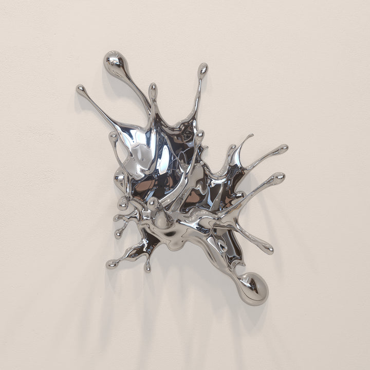 Wall-mounted stainless steel sculpture resembling a dynamic liquid splash frozen mid-motion, with high-shine chrome finish and flowing, organic extensions.