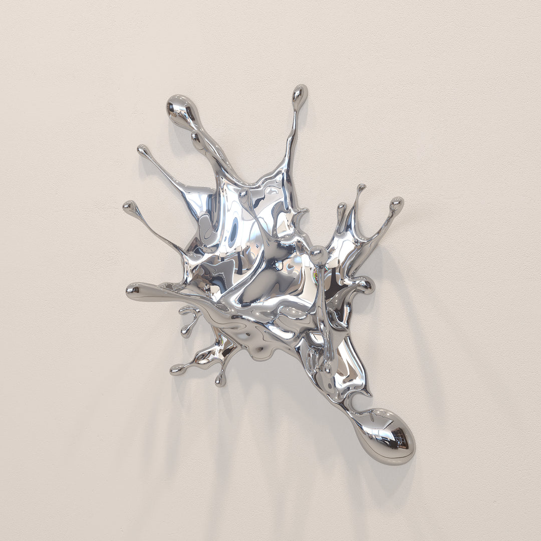 Wall-mounted stainless steel sculpture resembling a dynamic liquid splash frozen mid-motion, with high-shine chrome finish and flowing, organic extensions.