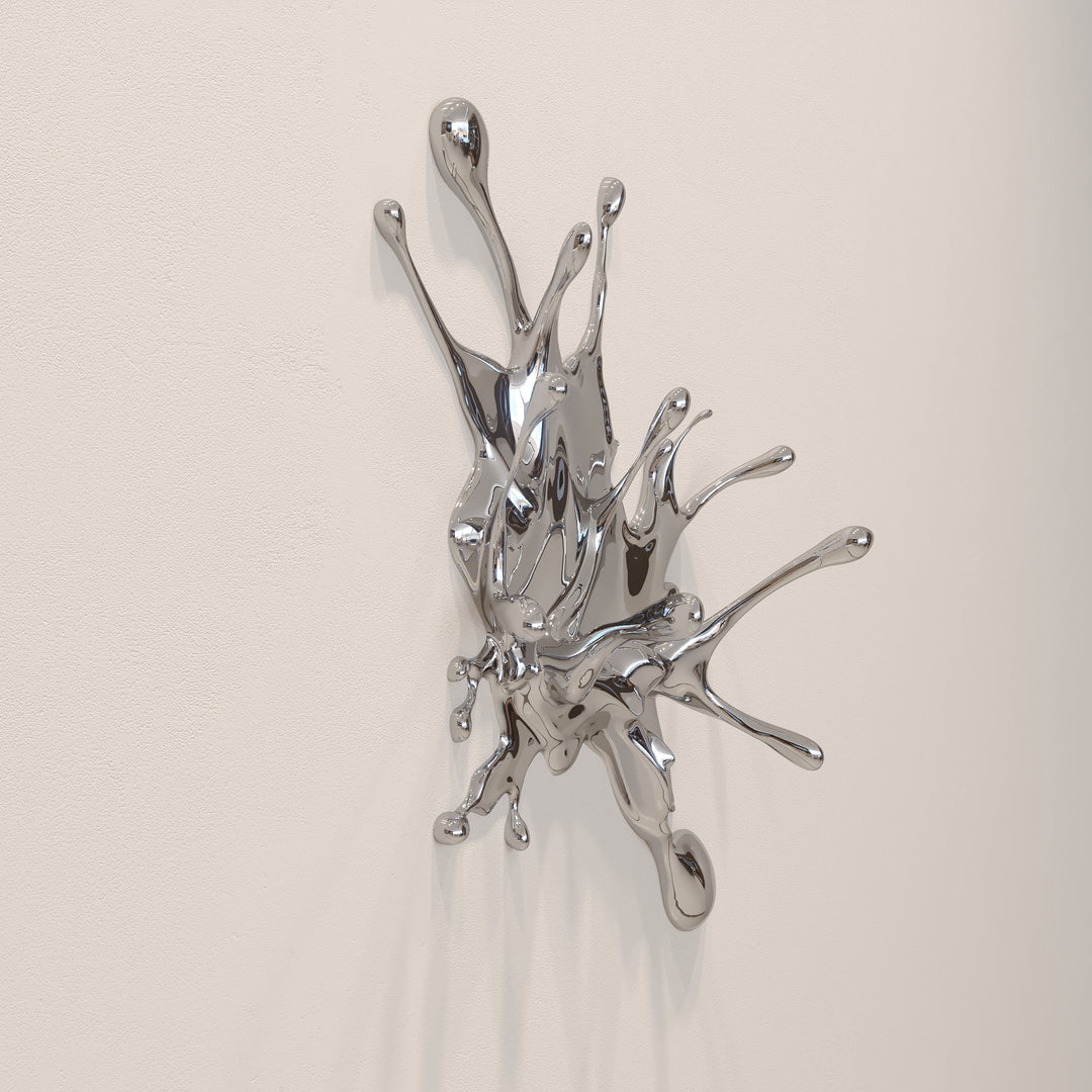Wall-mounted stainless steel sculpture resembling a dynamic liquid splash frozen mid-motion, with high-shine chrome finish and flowing, organic extensions.