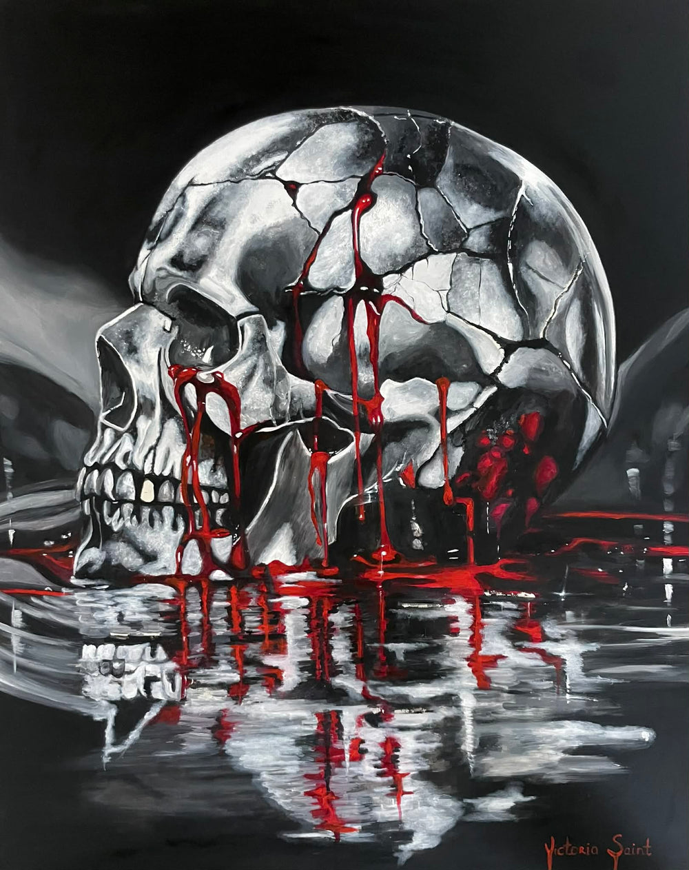 Victoria Saint Stillwater oil painting of a fractured silver skull resting above dark reflective water, with soft red tones flowing into the surface, exploring themes of endurance, release and quiet reflection.