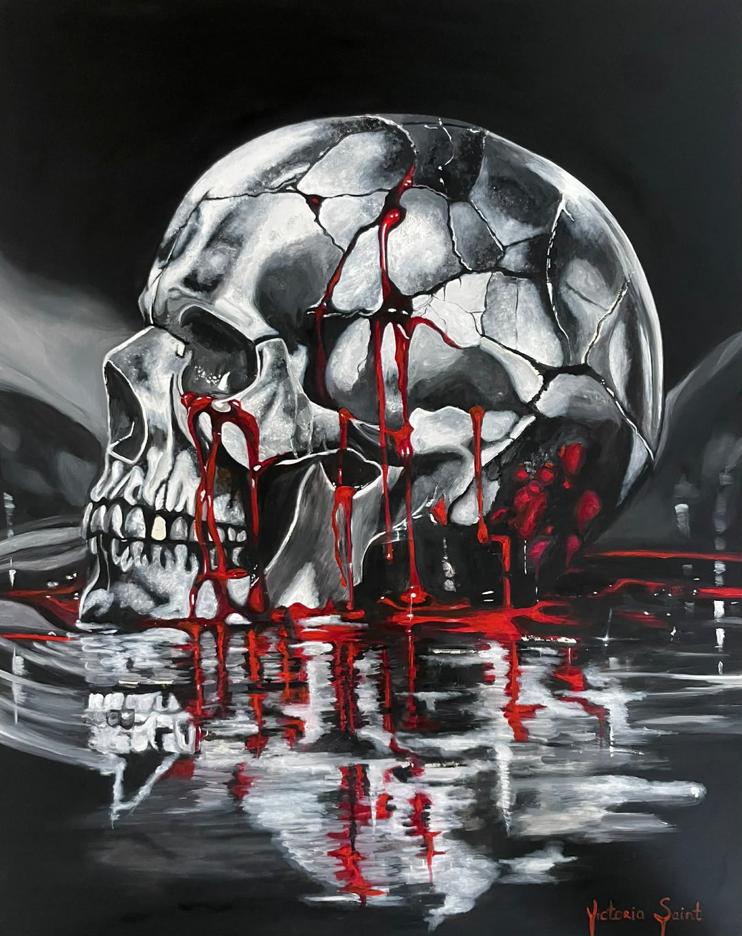 Victoria Saint Stillwater oil painting of a fractured silver skull resting above dark reflective water, with soft red tones flowing into the surface, exploring themes of endurance, release and quiet reflection.