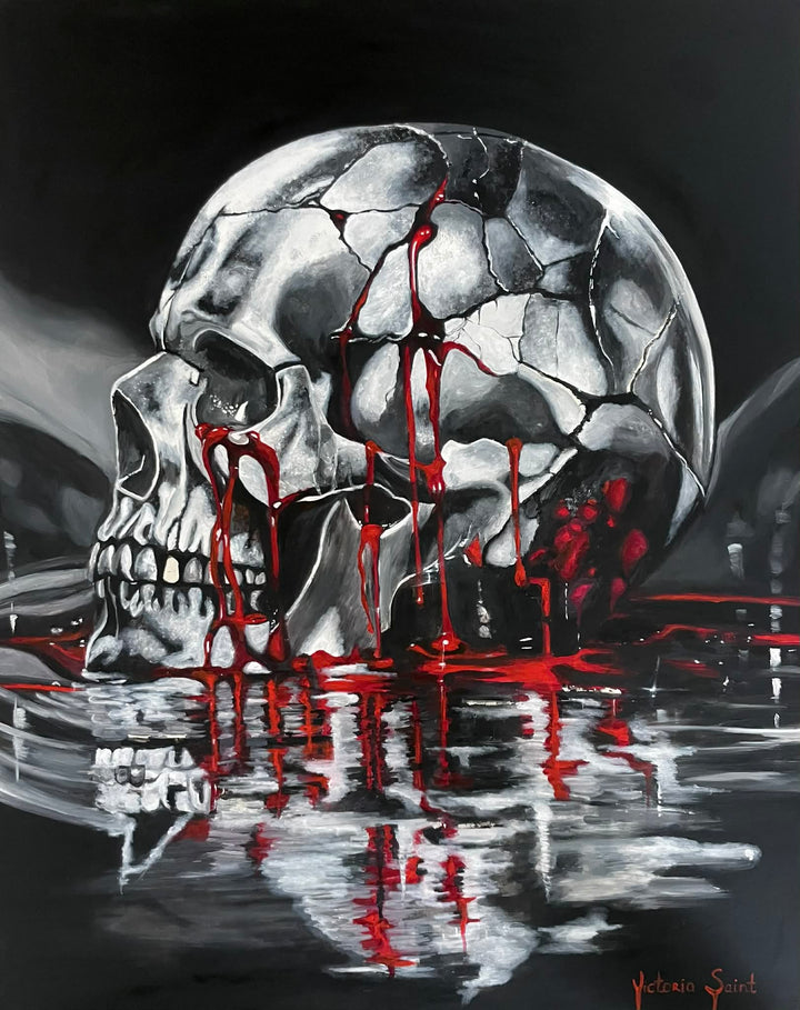Victoria Saint Stillwater oil painting of a fractured silver skull resting above dark reflective water, with soft red tones flowing into the surface, exploring themes of endurance, release and quiet reflection.
