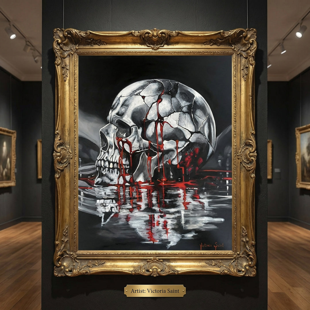 Victoria Saint Stillwater oil painting of a fractured silver skull resting above dark reflective water, with soft red tones flowing into the surface, exploring themes of endurance, release and quiet reflection.