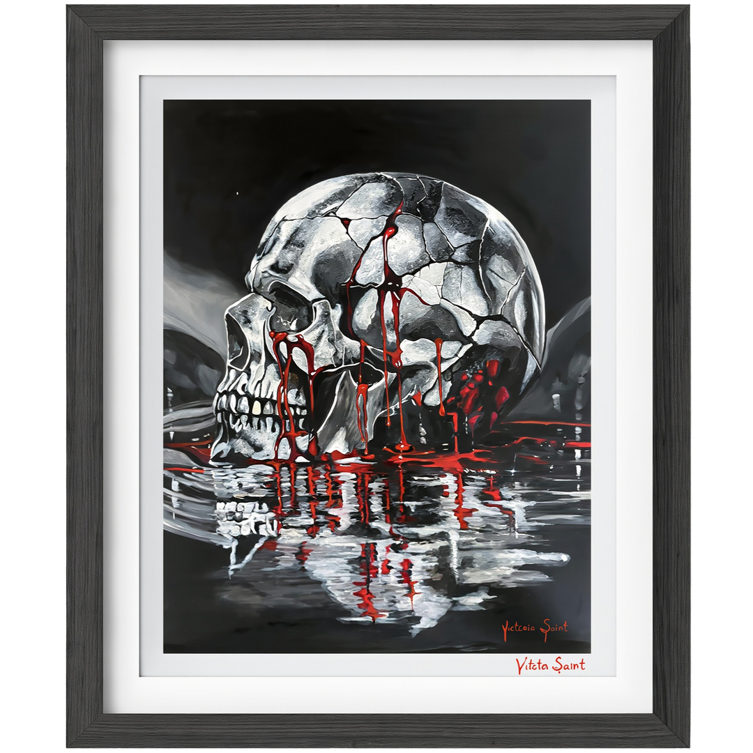 Victoria Saint Stillwater print of a fractured silver skull resting above dark reflective water, with soft red tones flowing into the surface, exploring themes of endurance, release and quiet reflection.