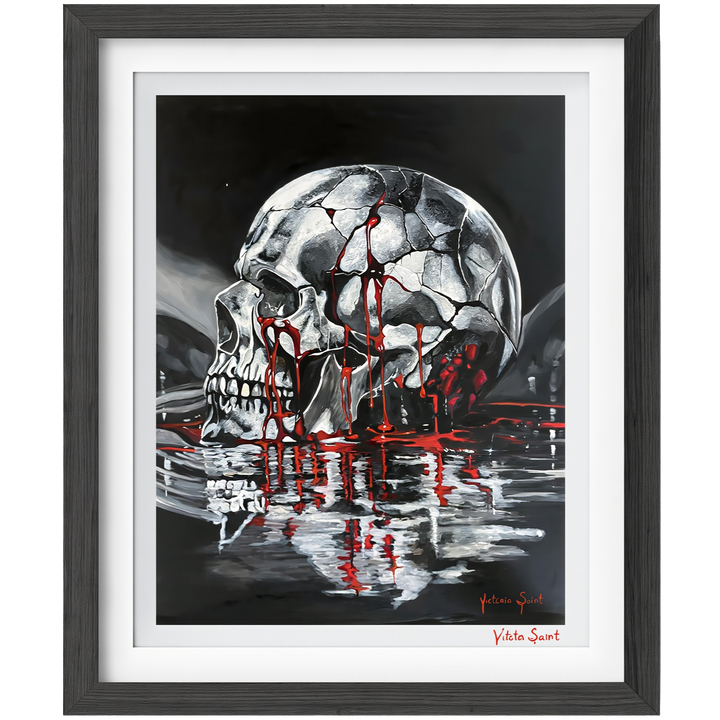 Victoria Saint Stillwater print of a fractured silver skull resting above dark reflective water, with soft red tones flowing into the surface, exploring themes of endurance, release and quiet reflection.