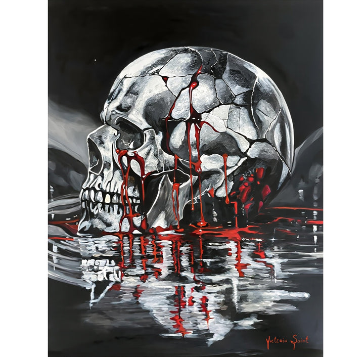 Victoria Saint Stillwater print of a fractured silver skull resting above dark reflective water, with soft red tones flowing into the surface, exploring themes of endurance, release and quiet reflection.