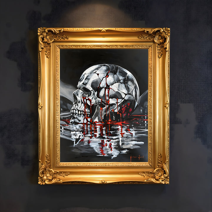 Victoria Saint Stillwater oil painting of a fractured silver skull resting above dark reflective water, with soft red tones flowing into the surface, exploring themes of endurance, release and quiet reflection.
