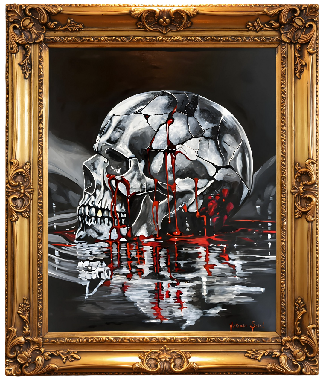 Victoria Saint Stillwater oil painting of a fractured silver skull resting above dark reflective water, with soft red tones flowing into the surface, exploring themes of endurance, release and quiet reflection.