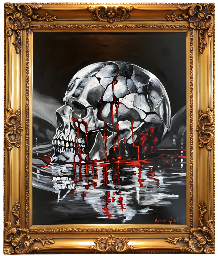 Victoria Saint Stillwater oil painting of a fractured silver skull resting above dark reflective water, with soft red tones flowing into the surface, exploring themes of endurance, release and quiet reflection.