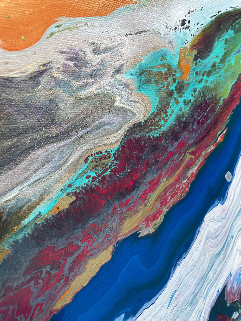 Large square abstract painting “United We Stand” by Swarez — a high-impact explosion of swirling magenta and deep blue blending with metallic gold, copper, turquoise, vivid orange, lime green, crisp white and rich black. Layers of glossy enamel paint radiate outward from the centre in fluid marbled streams, creating a dramatic, multi-directional composition full of energy and movement.