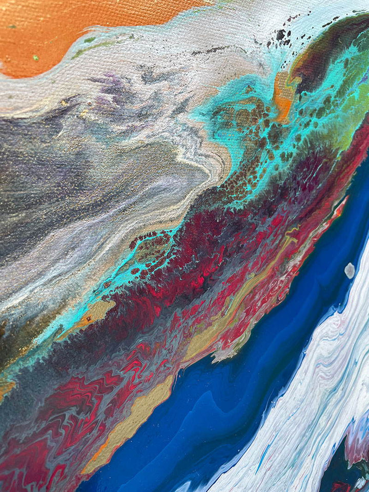 Large square abstract painting “United We Stand” by Swarez — a high-impact explosion of swirling magenta and deep blue blending with metallic gold, copper, turquoise, vivid orange, lime green, crisp white and rich black. Layers of glossy enamel paint radiate outward from the centre in fluid marbled streams, creating a dramatic, multi-directional composition full of energy and movement.