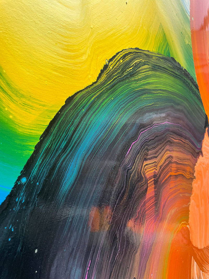 Large vibrant abstract painting “Sun Chaser” by Swarez — a powerful composition of swirling, layered colour featuring vivid yellow bursts cutting across deep oranges, fiery reds, rich magentas, lush greens, electric blues, dark purples and intense black accents. Complex ribbons and rivers of enamel paint create fluid movement and luminous depth on a grand-scale canvas.