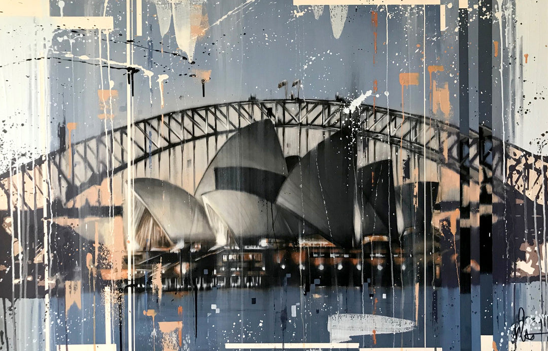 ‘Sydney Opera House’ by Kris Hardy, an original contemporary cityscape painting in oil and acrylic on aluminium, depicting Sydney's iconic Opera House beneath the sweeping steel arch of the Sydney Harbour Bridge. Combining detailed architectural imagery with expressive abstract mark-making, the artwork features layered slate blue, charcoal grey, black, white and warm peach tones, with bold paint splashes, drips and geometric textures creating a dramatic urban composition inspired by Sydney, Australia.
