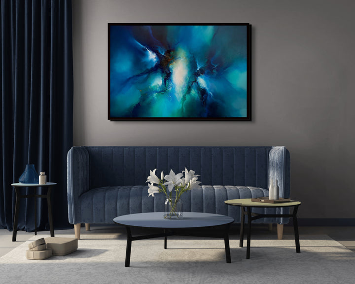 Taken by Simon Kenny — a dramatic abstract oil painting in deep ocean blues, indigo, turquoise, and radiant white, with textured bursts of light and shadow creating a powerful sense of movement, tension, and cosmic emergence.