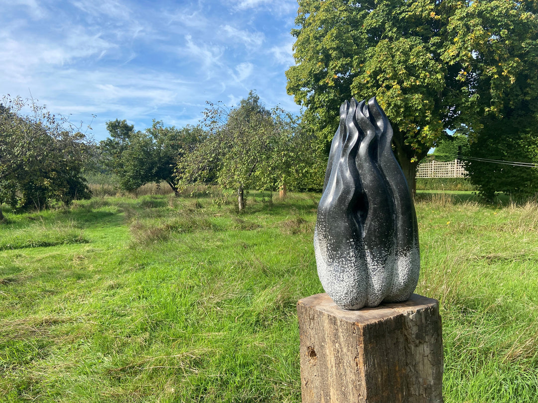 Tentacle by Brendan Cullen, a hand-carved Kilkenny fossilised limestone sculpture with smooth, flame-like tendrils rising upward from a rounded base, transitioning from pale speckled grey to deep polished black, suggestive of organic growth or movement frozen in stone.