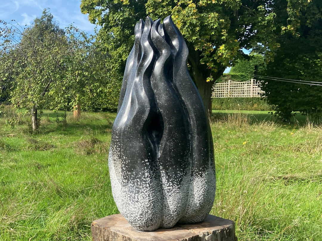 Tentacle by Brendan Cullen, a hand-carved Kilkenny fossilised limestone sculpture with smooth, flame-like tendrils rising upward from a rounded base, transitioning from pale speckled grey to deep polished black, suggestive of organic growth or movement frozen in stone.