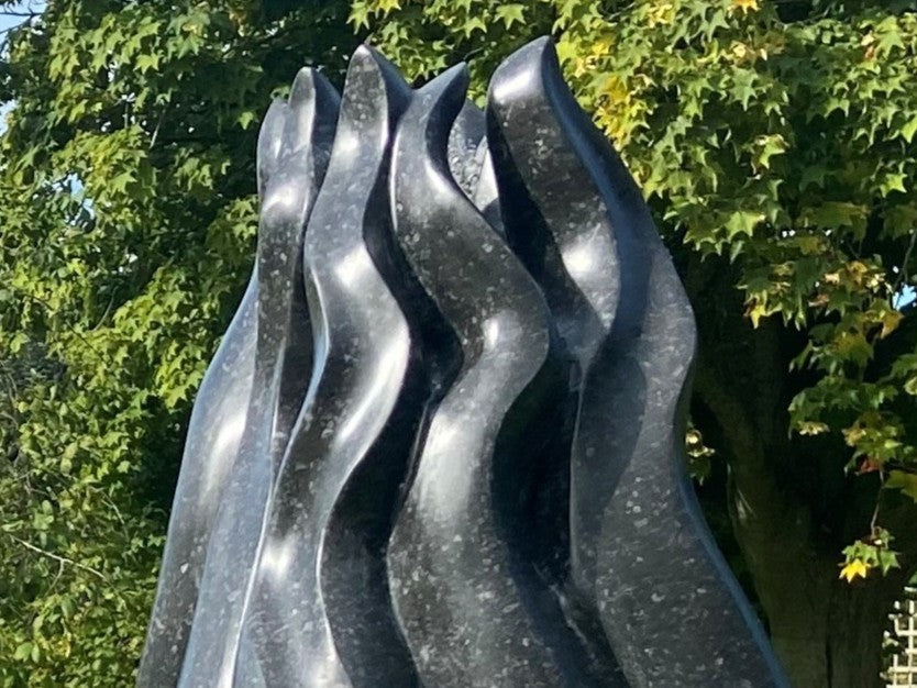 Tentacle by Brendan Cullen, a hand-carved Kilkenny fossilised limestone sculpture with smooth, flame-like tendrils rising upward from a rounded base, transitioning from pale speckled grey to deep polished black, suggestive of organic growth or movement frozen in stone.