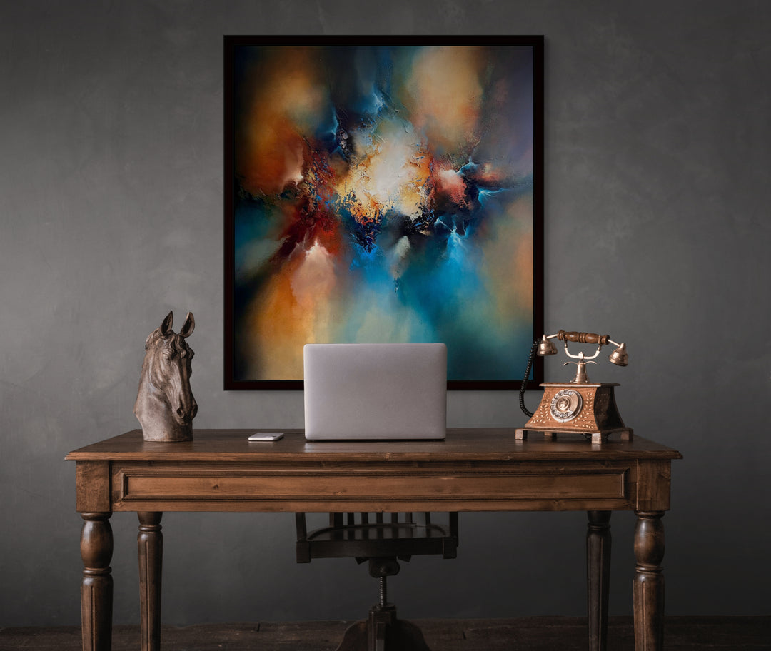 The Core by Simon Kenny — a powerful abstract oil painting with fiery golds, deep blues, searing whites, and rich crimson converging into a radiant, explosive centre that evokes cosmic energy, movement, and transformation.