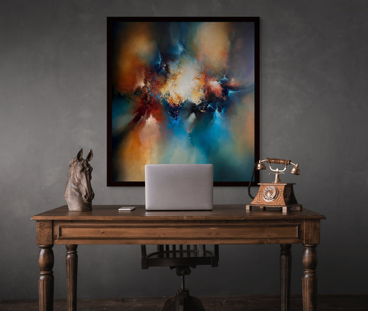 The Core by Simon Kenny — a powerful abstract oil painting with fiery golds, deep blues, searing whites, and rich crimson converging into a radiant, explosive centre that evokes cosmic energy, movement, and transformation.