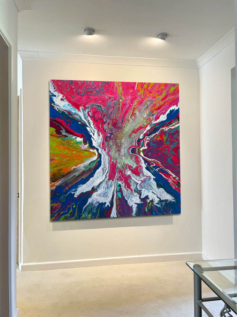 Large square abstract painting “United We Stand” by Swarez — a high-impact explosion of swirling magenta and deep blue blending with metallic gold, copper, turquoise, vivid orange, lime green, crisp white and rich black. Layers of glossy enamel paint radiate outward from the centre in fluid marbled streams, creating a dramatic, multi-directional composition full of energy and movement.