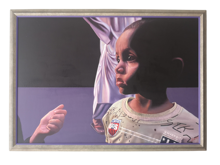 A hyperrealist oil painting by James Earley depicting a young boy in a distressed state, his face half-lit with emotion and vulnerability, wearing a worn shirt with USA insignia, while an adult hand reaches out and a blurred mother figure stands behind — inspired by a powerful encounter in the streets of Dhaka.