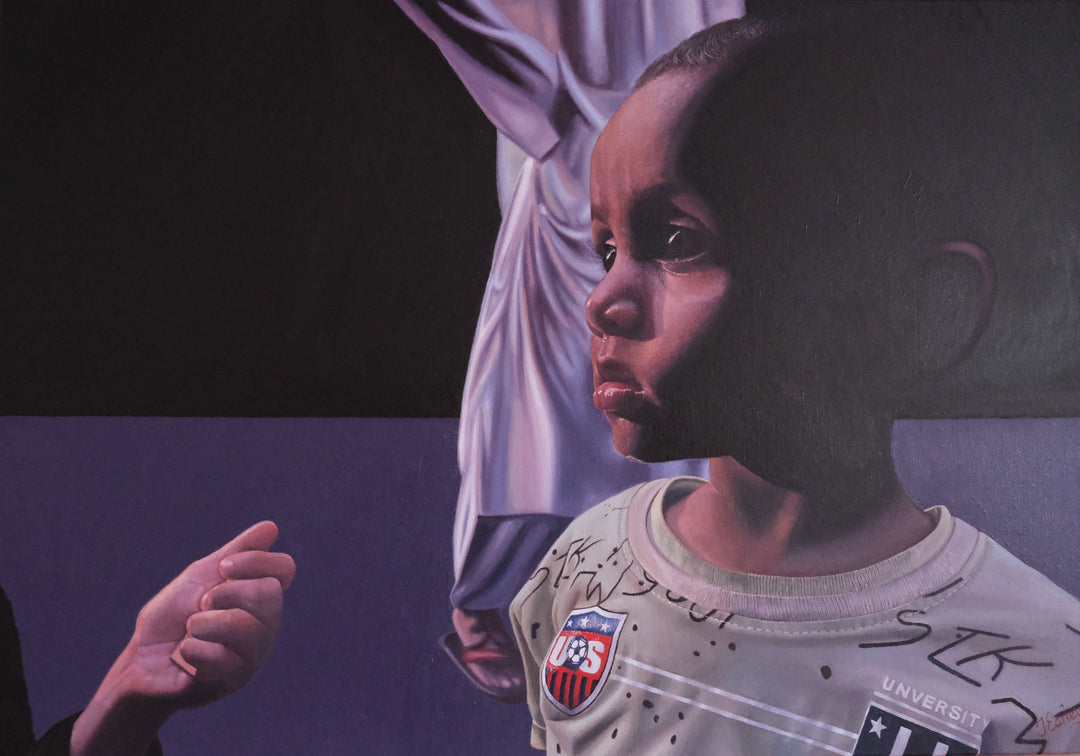 A hyperrealist oil painting by James Earley depicting a young boy in a distressed state, his face half-lit with emotion and vulnerability, wearing a worn shirt with USA insignia, while an adult hand reaches out and a blurred mother figure stands behind — inspired by a powerful encounter in the streets of Dhaka.