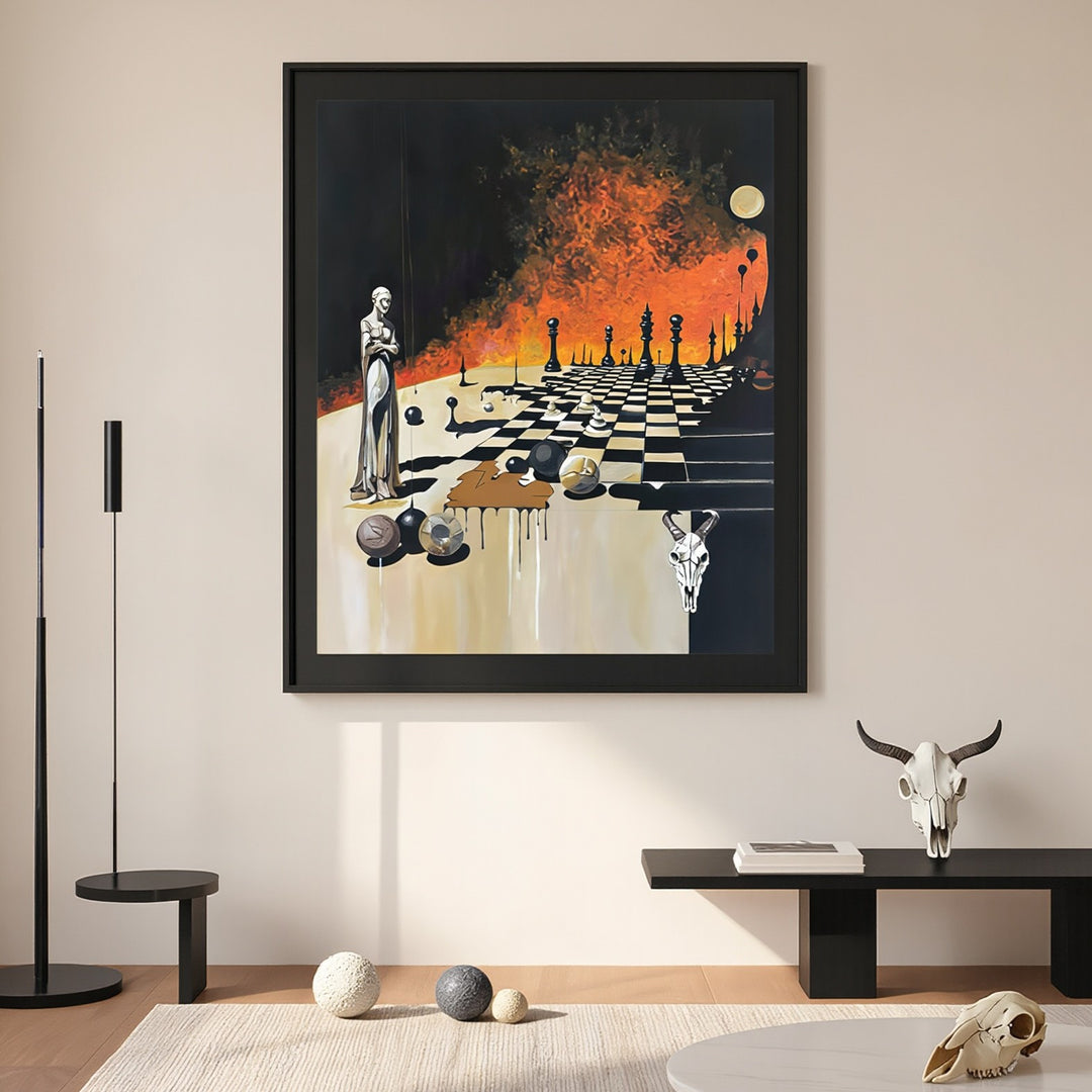 Victoria Saint Unmoved print of a calm, statuesque female figure beside a chessboard set against a dramatic burning landscape, symbolising control, foresight and stillness amidst chaos.